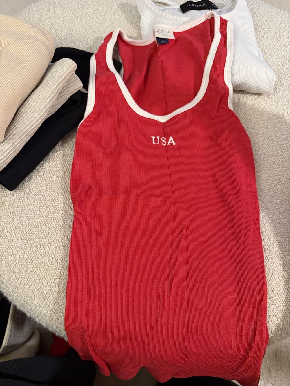 USA Red Ribbed Tank Top with White Trim